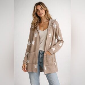 Splendid Hooded Cardigan Star Intarsia Pattern Americana Cali-Cool SMALL Camel